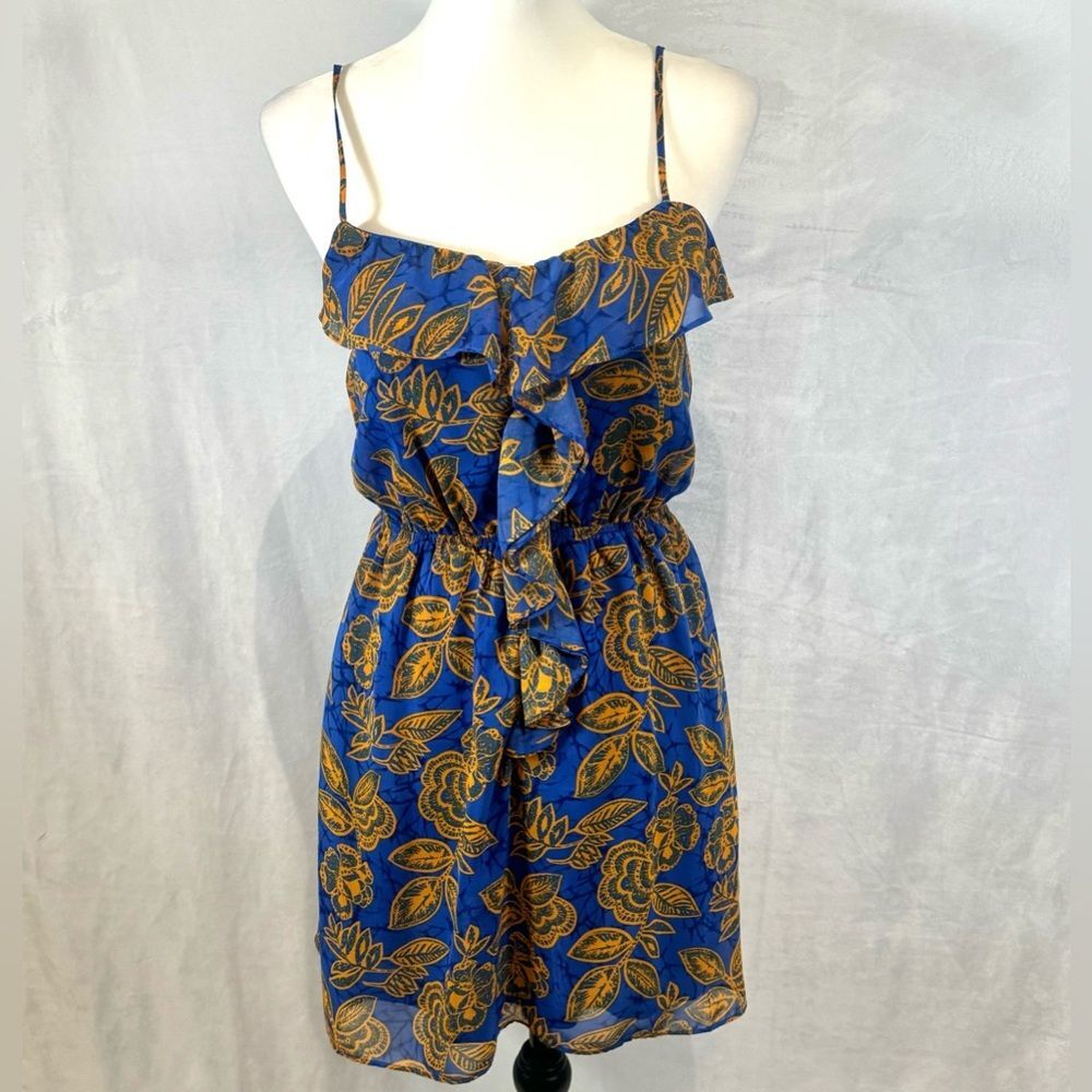 Blue and gold ruffle floral dress size small